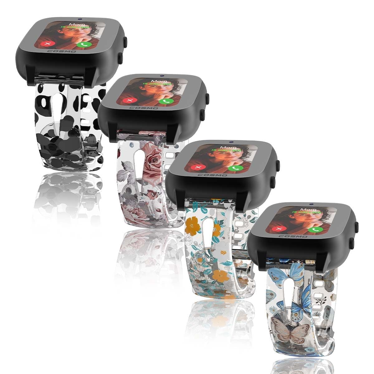 4 Pack Transparent Replacement Bands Compatible with Cosmo JrTrack 3/Cosmo Jrtrack 2 SE/Cosmo Jrtrack 2/Cosmo Jrtrack Kids Smartwatch, 20mm Silicone Cute Pattern Printed Sport Adjustable Watch Bands