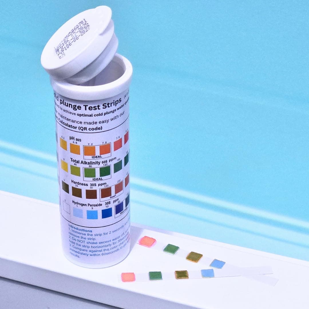 Cold Plunge Test Strips, 4-in-1 Water Quality Testing Kit, pH, Alkalinity, Hardness, Hydrogen Peroxide. Evaluate Your Cold Plunge Water Quality with A Single Strip. Smart QR Calculator to Help You