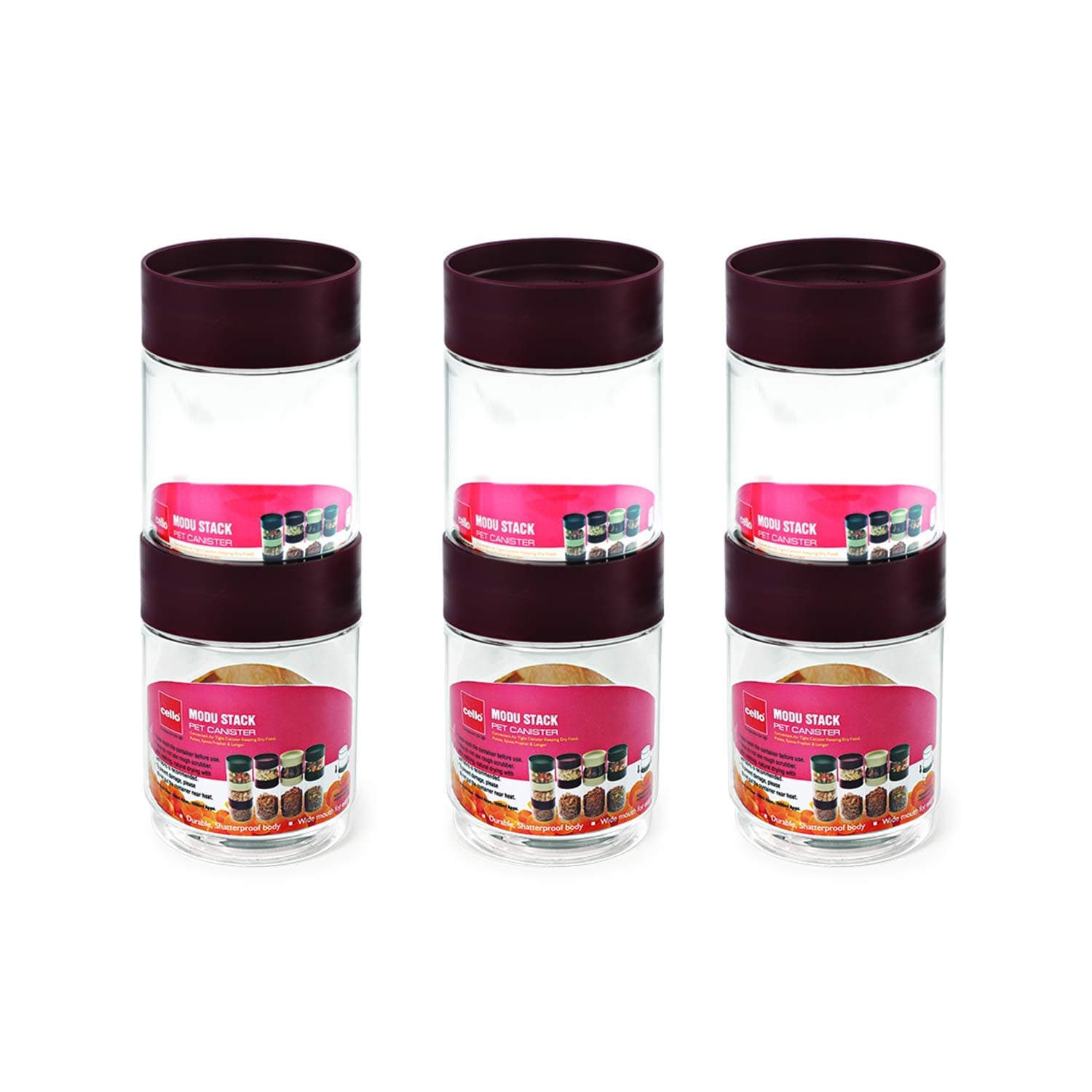 Modustack Stackable PET Container Set of 6 (750 ml x 6), Maroon | For Grains, Pulses, Spice, Cereals, Cookies, Dry Fruits | Fridge Storage Container