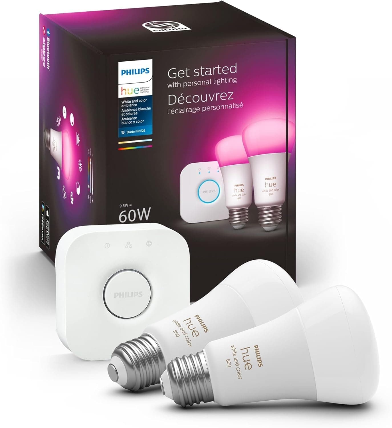 Smart Light Bulbs Starter Kit, Includes (1) Bridge, (2) 60W A19 Bulbs, White and Color Ambiance LED Color Changing Lights, 800LM, E26, Control with App or Voice Assistant
