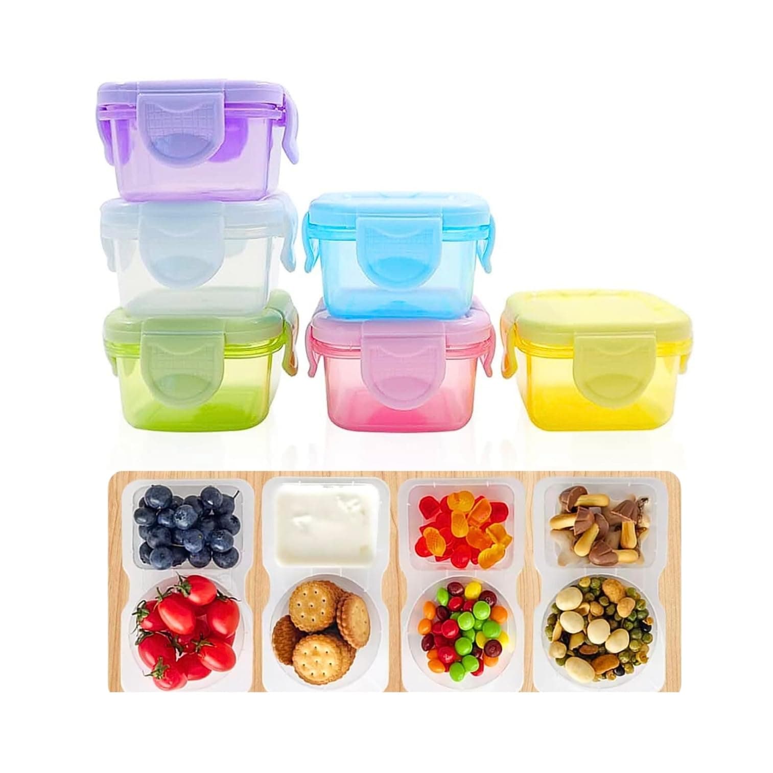 VIO® 6 PCS Plastic Reusable Mini Food Storage Containers with Lids Small Box for Nuts Seeds Dry Fruit Snacks Pickle Dips Salad Dressing Yogurt Food Purees for Kids Adult School Office 60 ML