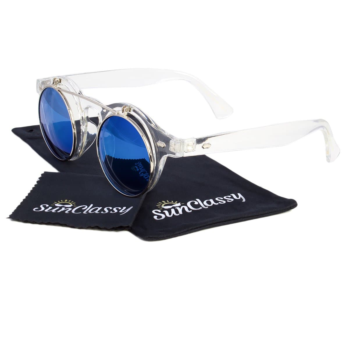 Sunclassy Plastic Round Frame Flip Up Oval 48mm Hipster Round Mirror Color Lens Sunglasses Vintage Retro Steampunk Gothic Hippie Circle Retro Django Levante Gafas De Sol Block UVA UVB UVC (Clear)