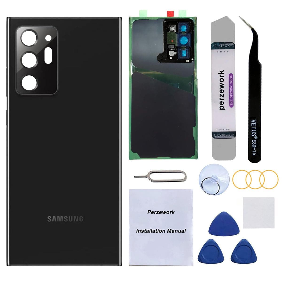 Perzework Rear Back Glass Replacement for Samsung Galaxy Note 20 Ultra 6.9 inches 5G with Reparing Toolkit (Mystic Black)