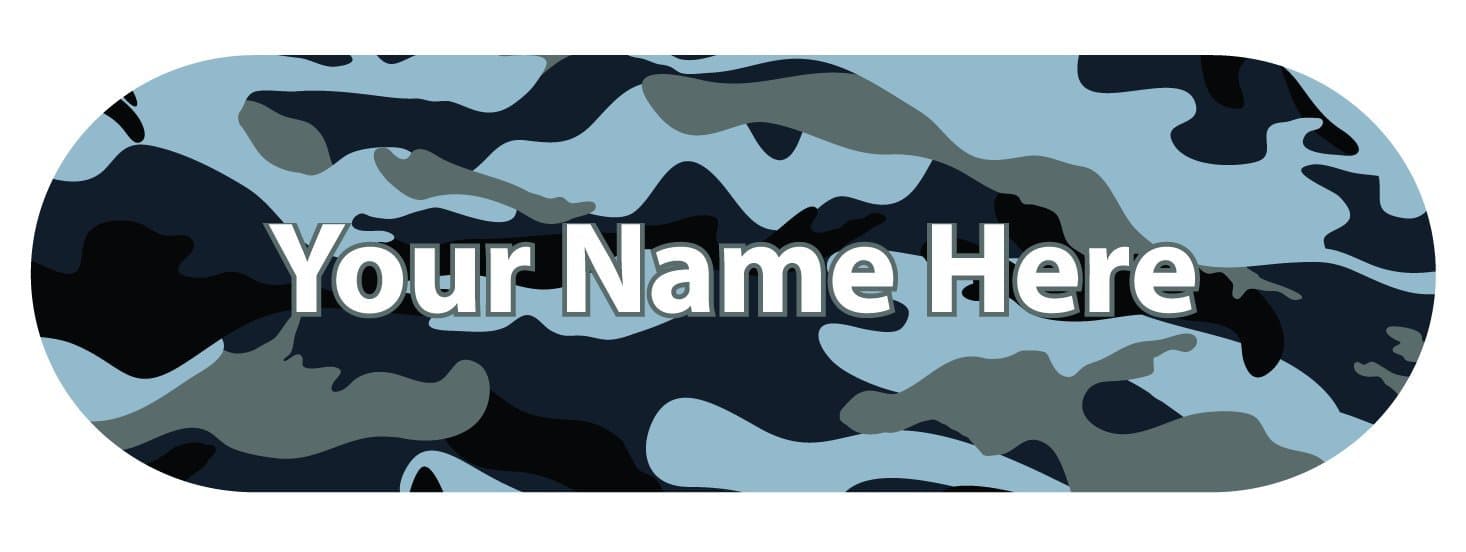 Name Labels, Camouflage Blue Stick on 40 Pack with Over laminates. Choose Your Label Colour!