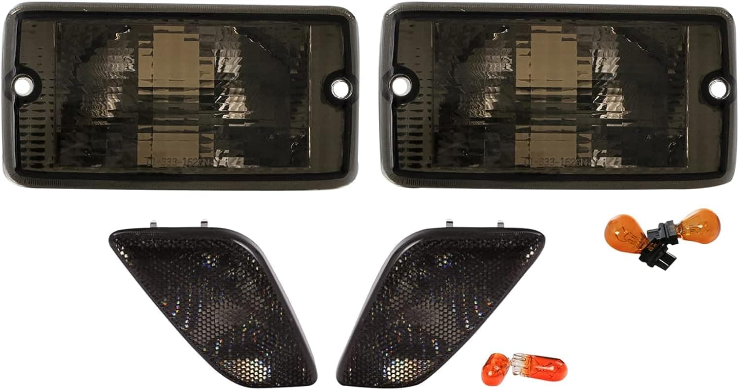 USR Side Marker Lights - 4 Pieces COMBO Smoke Lens Bumper Turn Signal Lamps + Fender Side Markers Set Compatible with 1997-2006 Wrangler TJ Chass (Smoked with x4 Amber Bulbs Included)