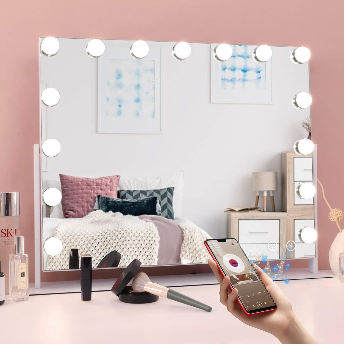 MISAVANITY Vanity Mirror with Lights and Bluetooth, 360 Degree Rotating Hollywood Lighted Makeup Mirror with 15 Dimmable LED Bulbs for Dressing Room and Bedroom (White)