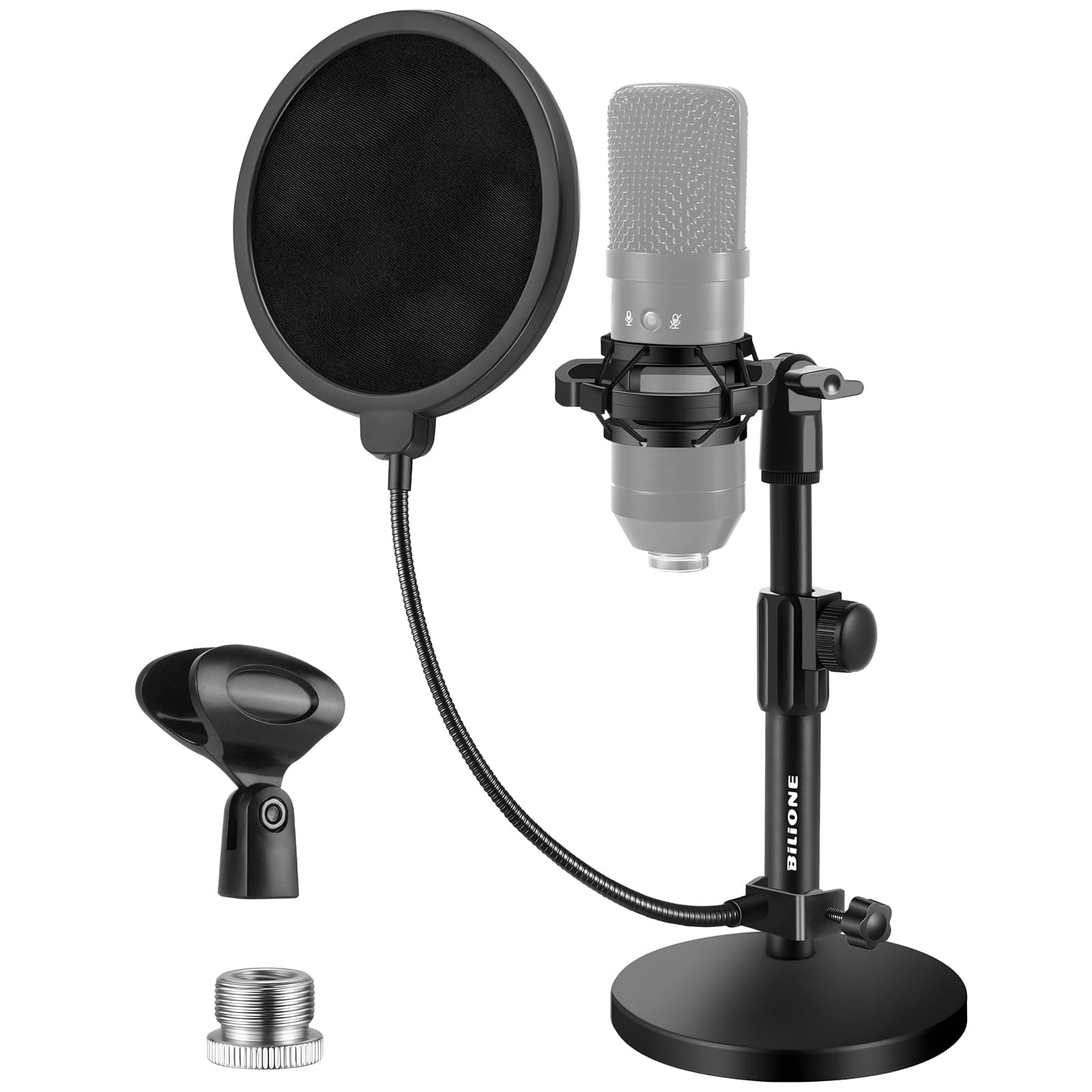 Upgraded Desktop Microphone Stand, Adjustable Mic Stand with Pop Filter, Shock Mount, Microphone Clip, Metal Screw Adapter 0.55" to 3/8"