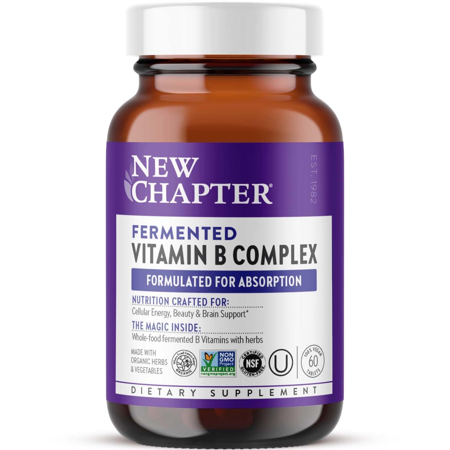 Vitamin B Complex, Fermented Vitamin B Complex, USDA Organic, ONE Daily for Cellular Energy + Brain + Beauty, 100% Vegan, Gluten-Free - 60 Count