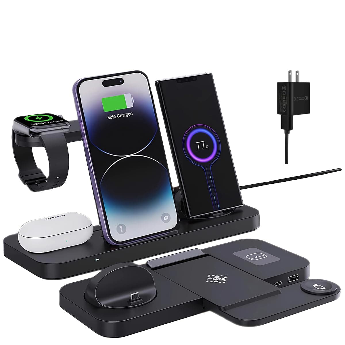 6-in-1 Fast Wireless Charging Station for iPhone 16/15/14/13, Apple Watch Ultra/9/8, AirPods Pro,18W Qi-Certified (with QC3.0 Adapter)