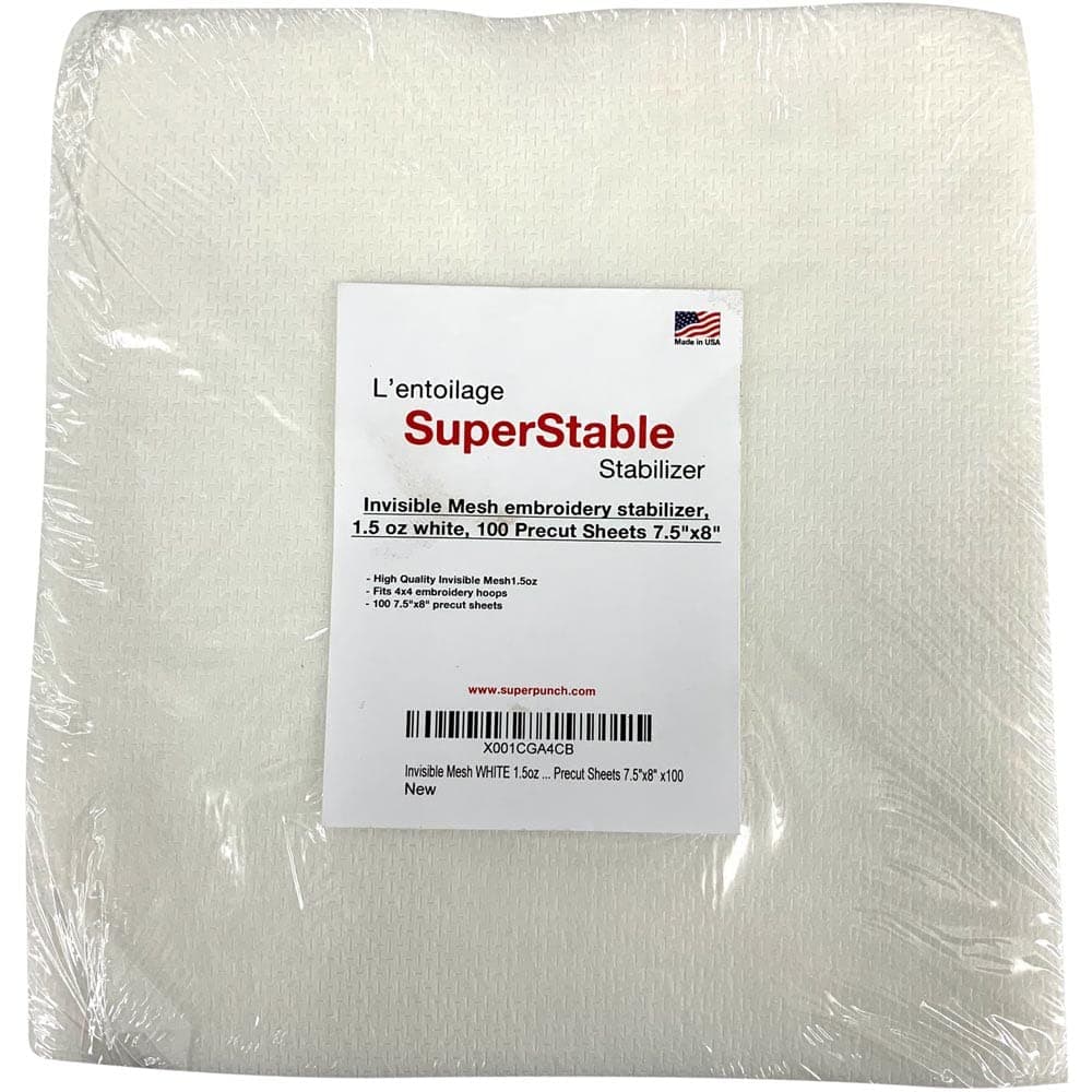 Invisible No-Show Mesh Stabilizer White 1.5oz 100 Precut Sheets 7.5 inch x 8 inch. SuperStable Machine Embroidery Stabilizer Backing