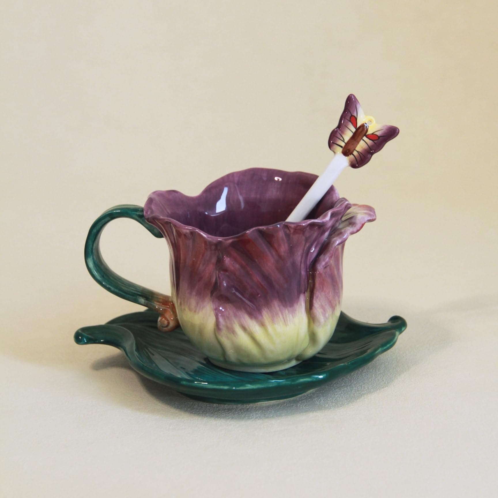 Ceramic Tea Cup and Saucer Set ,6OZ 3D Hand-Painted Flower and Lotus Leaf Coffee Mug,Gift for Women- Purple Tulip