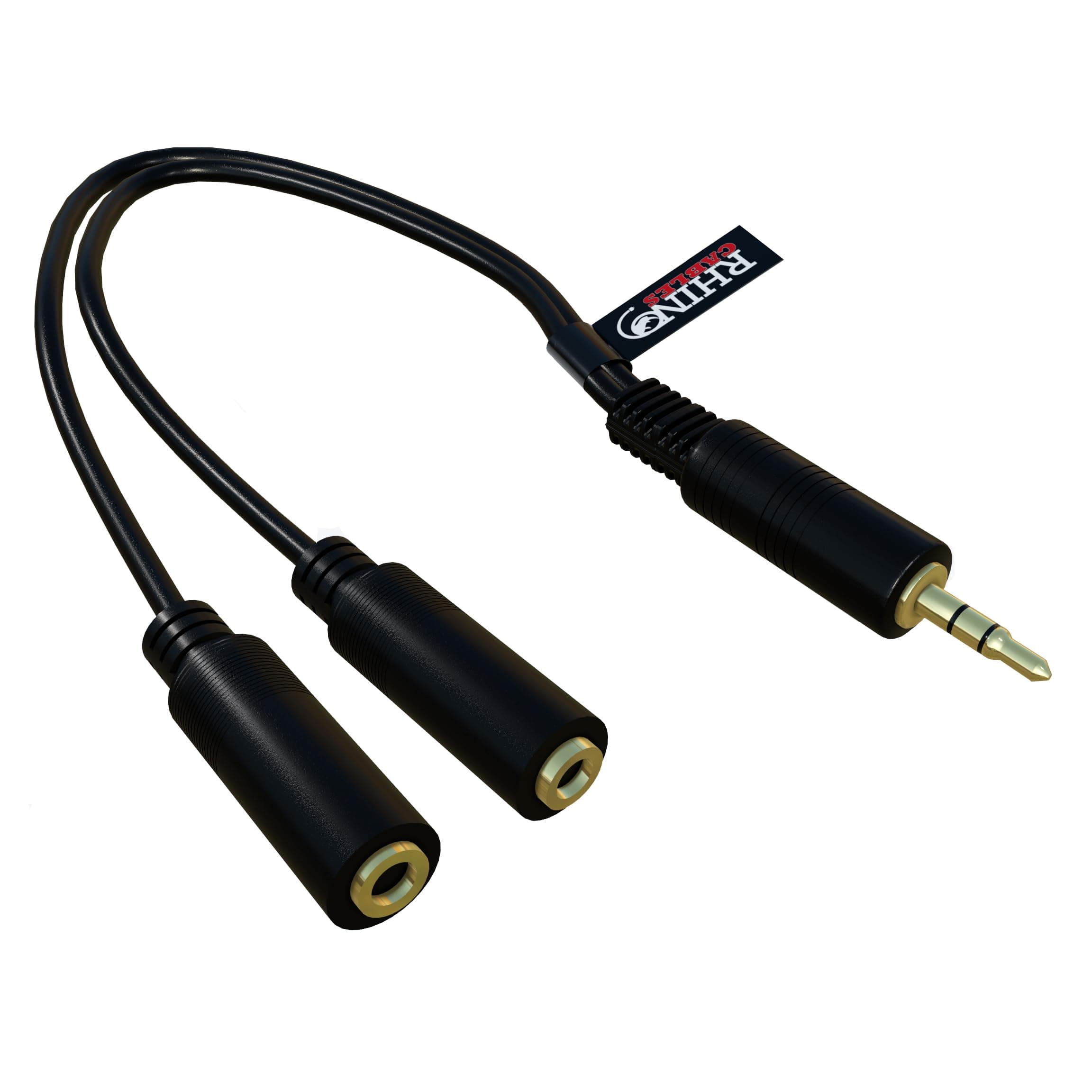rhinocables - 3.5mm Stereo Jack Splitter Cable | Share Audio from 1 Device to 2 Outputs | Durable & Portable for Travel & Gatherings | Universal Compatibility | 20cm Length, Black
