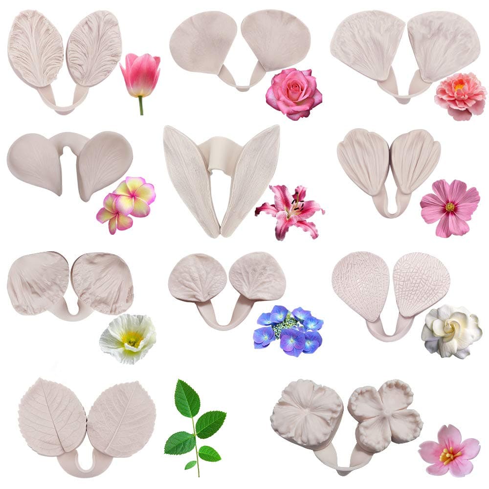 11Set Gumpaste Flower Silicone Mold kit-Sugar Paste Veining Mold,Gum Paste Flower Tools, Fondant Flower Silicone Mold for Wedding Flower Cake Decorating, Chocolate, Sugar, Soap,Polymer Clay