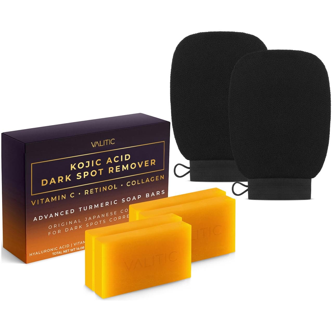 4 Pack Kojic Acid Dark Spot Corrector Soap Bars with Vitamin C, Retinol, Collagen, Turmeric - Original Japanese Complex - Hyaluronic Acid Bundle with 2 Black Exfoliating Gloves for Body Scrub