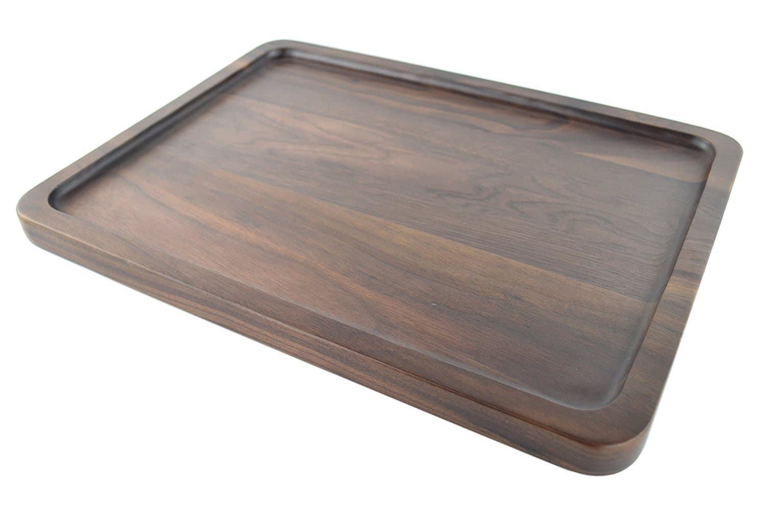 Solid Wood Serving Tray Rectangular Black Walnut Wooden Food Platters with Grippers for Coffee Wine Cocktail Fruit Meal - Large Size 39 x 29 x 2.4 cm