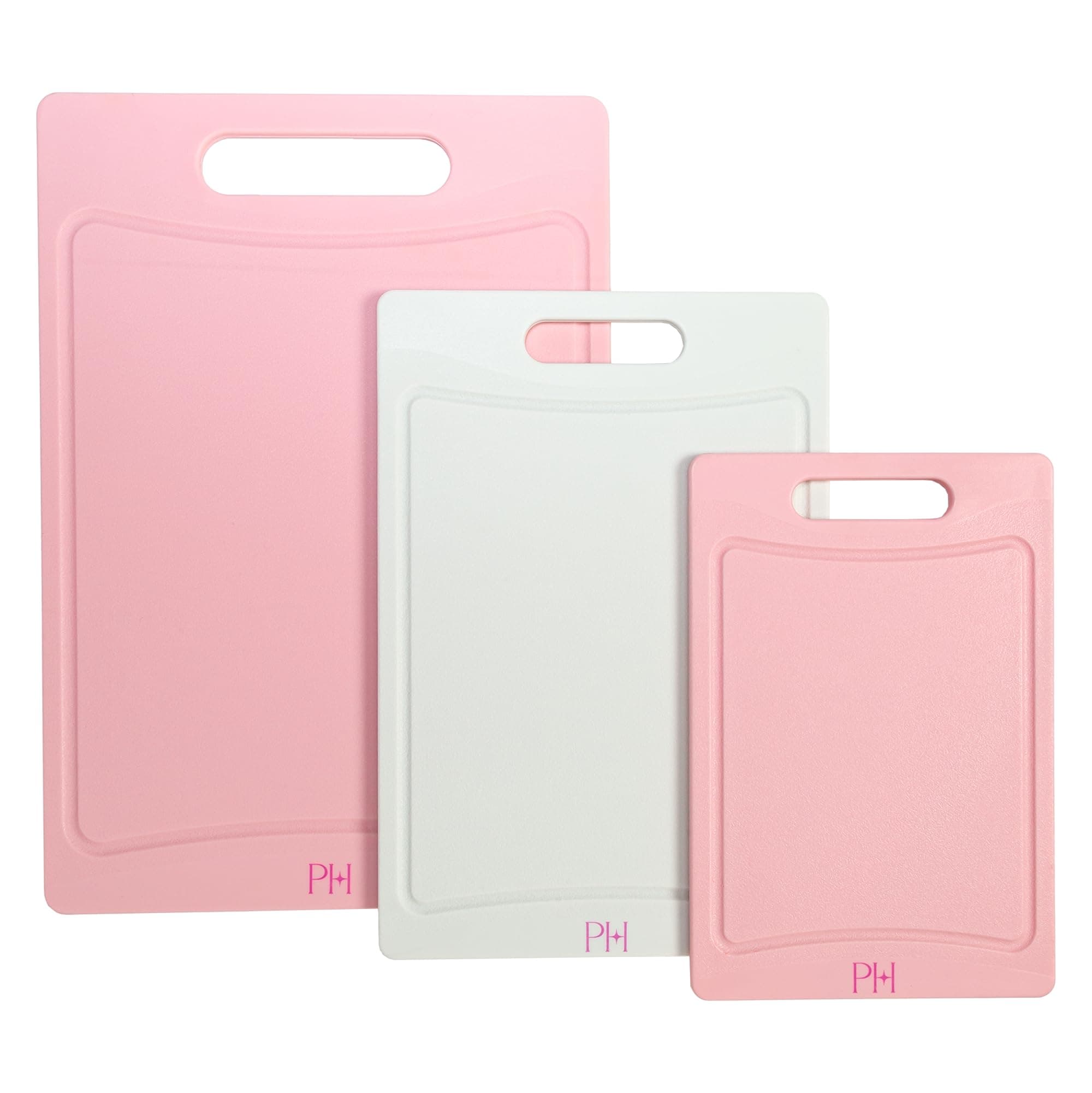 Paris Hilton Cutting Boards, Dual-Sided Cutting Board Set with Built-in Juice Grooves, Easy-Grip Handles, Heavy-Duty Plastic Made Without BPA, Dishwasher Safe, 3-Piece Set, Pink and Cream