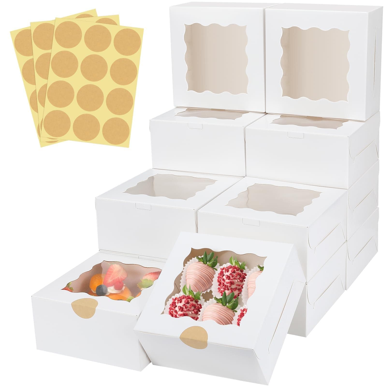 60 Pcs Bakery Boxes with Window, 6 x 6 x 3 Inches, White Cookie & Pastry Boxes for Baked Goods