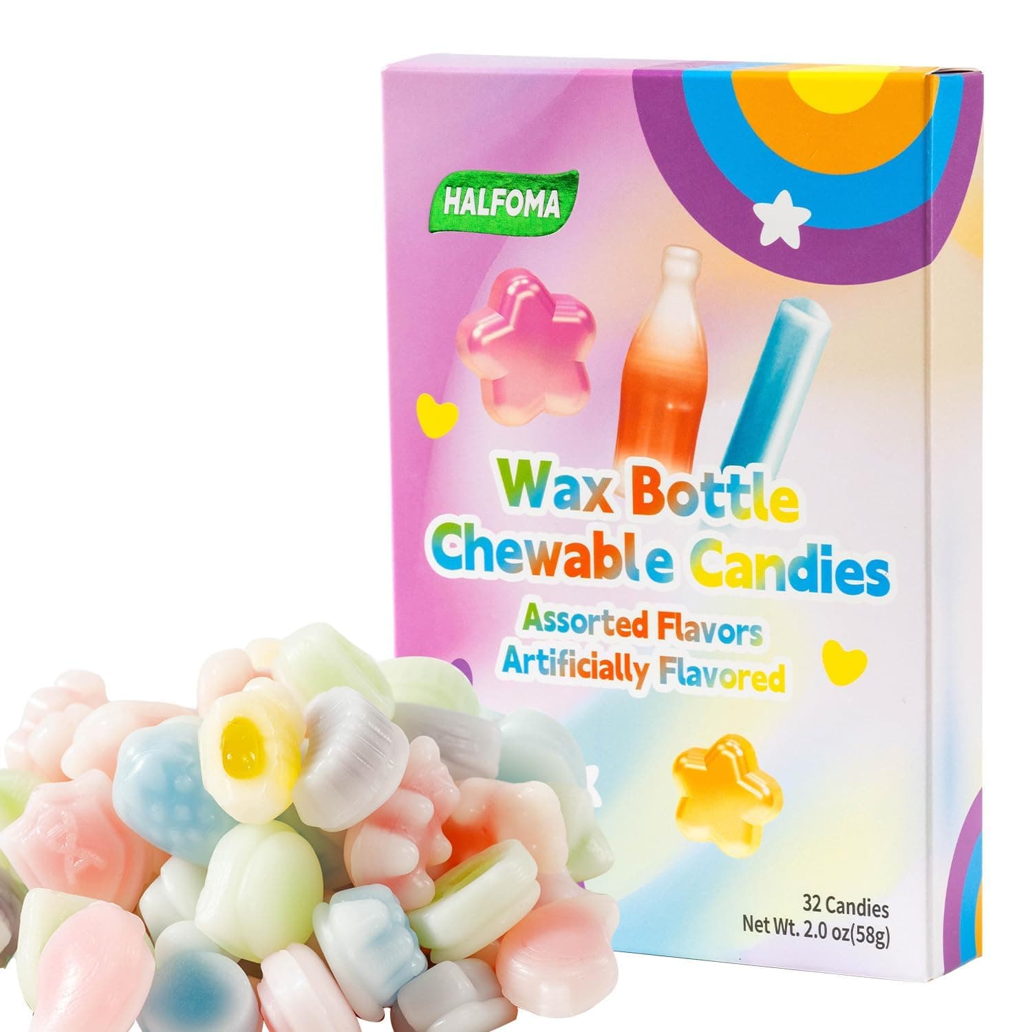 Wax Bottle Chewable Candy, with Various Fruit-flavored Syrups in the Middle, Boxed, 58g, 32 Candies