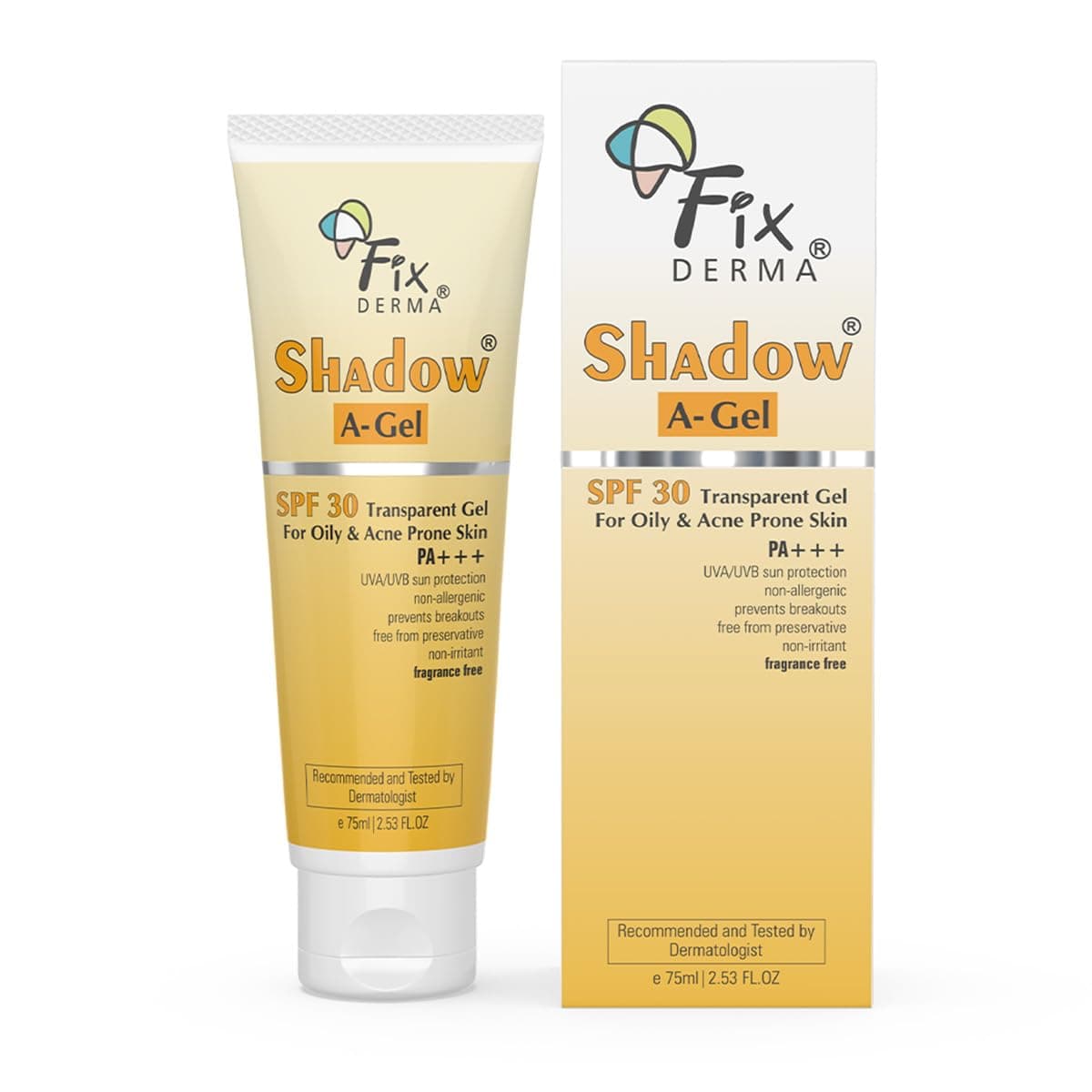 Fixderma Shadow Sunscreen A-Gel SPF 30 for Acne Prone Skin, Non-Oily, Broad Spectrum UVA and UVB Protection, Transparent Gel - 75ml