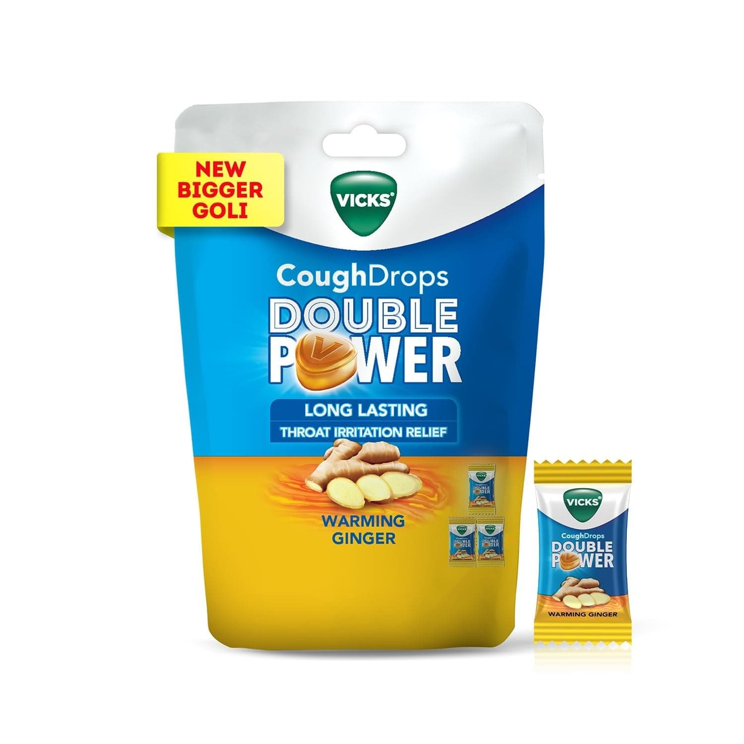 Vicks Cough Drops Double Power New & Improved, Bigger Drops with 2X Fast Relief from Throat Irritation & Cough, Warming Ginger Flavor Total 100 Drops