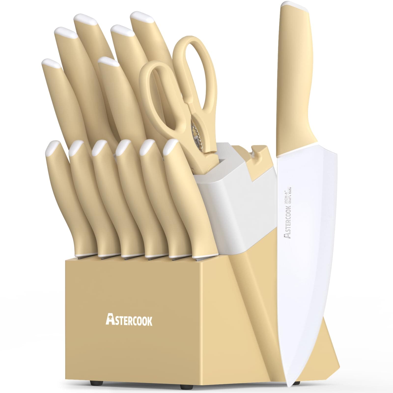 Astercook Kitchen Knife Set with Block and Sharpener 15 Piece Knives Set German High Carbon Stainless Steel Knives Sharp Blade Dishwasher Safe Deba Knives with Ergonomic Handle