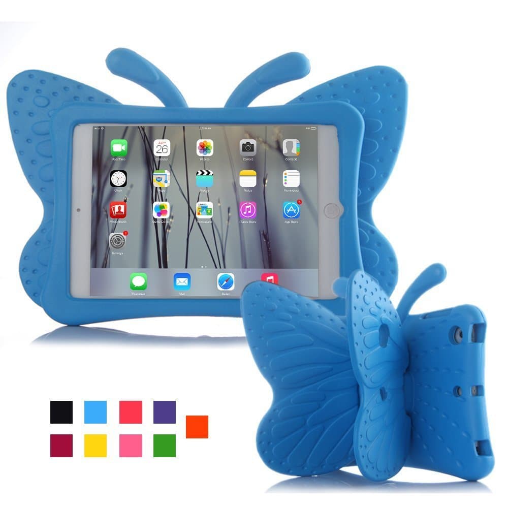 iPad mini 4 case, Leebay Non-toxic Light EVA iPad mini case, Kids-use 3D Cartoon Butterfly ipad mini 4 case, Shockproof Cover with Stand for kids (Blue)