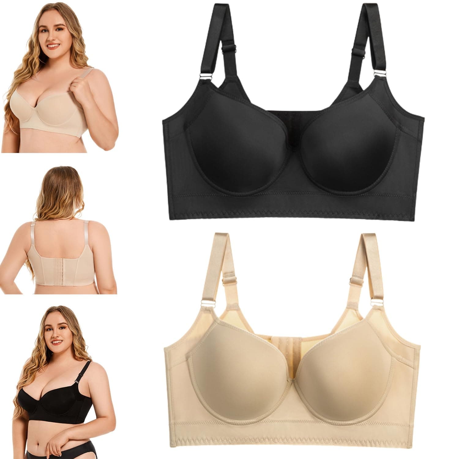 2pcs Comfortable Back Smoothing Bra,Women Deep Cup Bra Full Back,Plus Size Women's Push Up Bra,Plus Size Uplift Bra