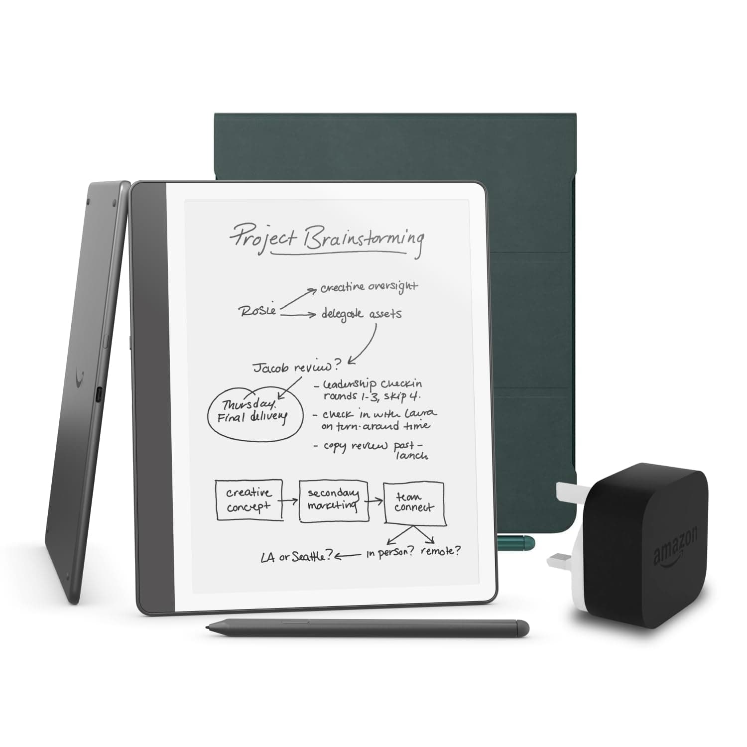 Kindle Scribe (2024 Release) 16 GB, an Amazon Premium Leather Cover and an Amazon Powerfast 9W Power Adapter