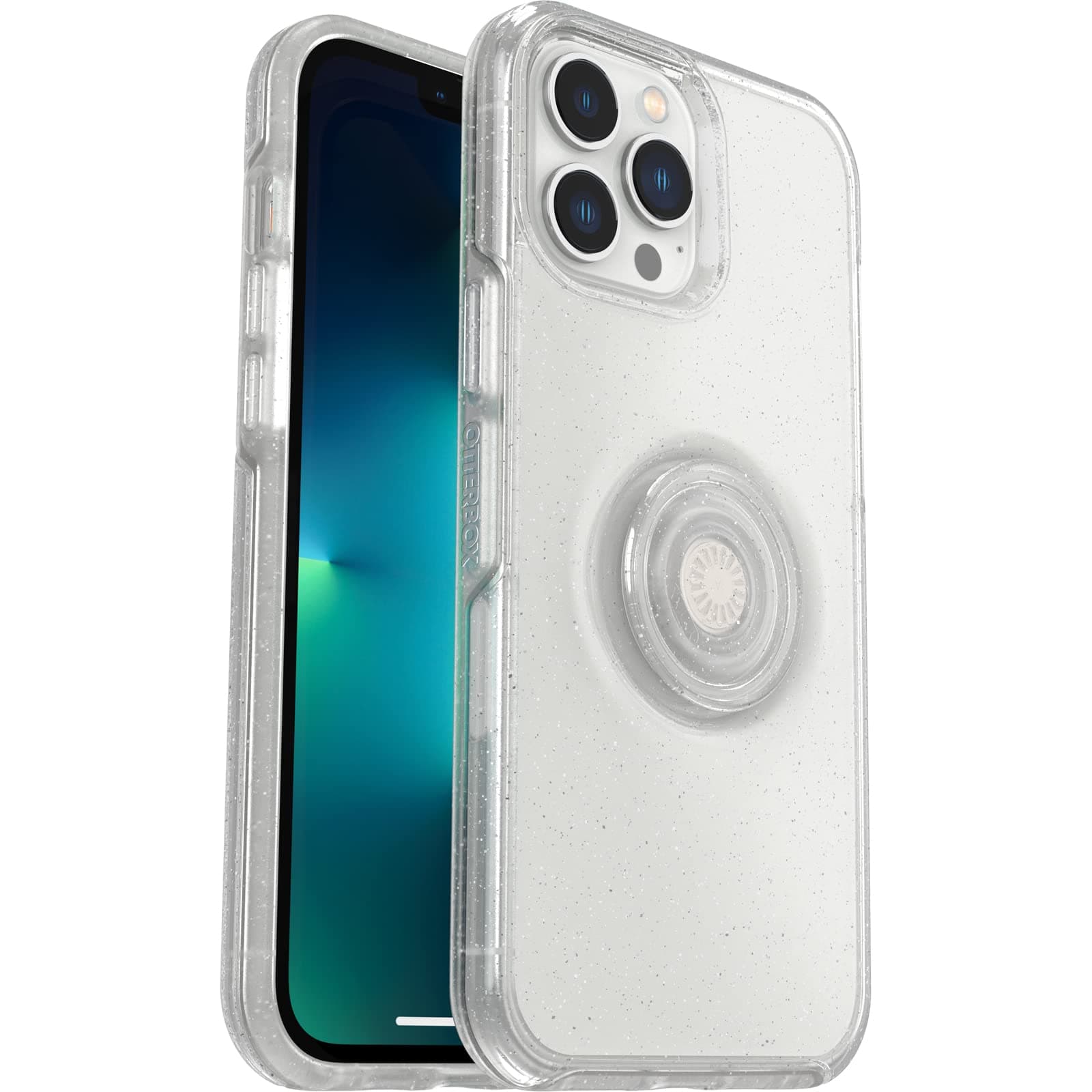 OtterBox iPhone 13 Pro Max & iPhone 12 Pro Max Otter + Pop Symmetry Series Clear Case - STARDUST, integrated PopSockets PopGrip, slim, pocket-friendly, raised edges protect camera & screen.