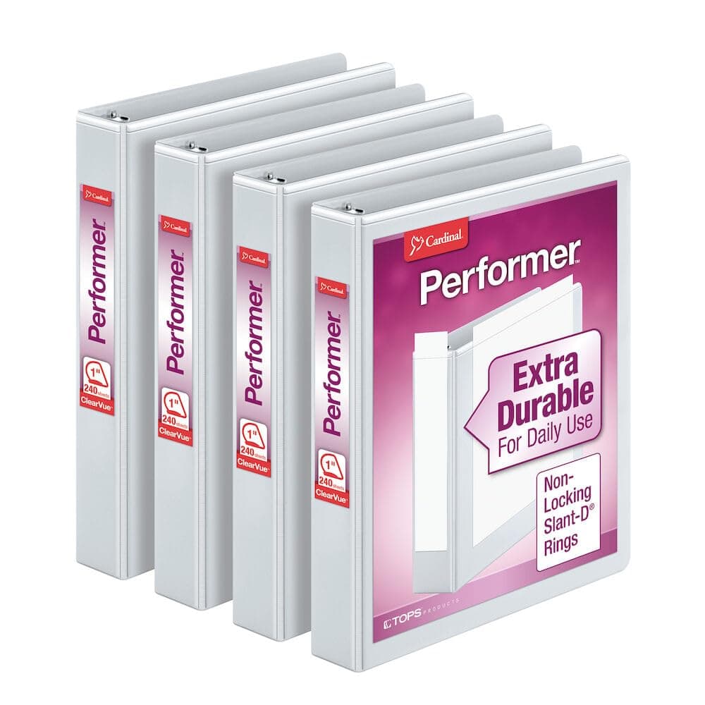 Performer 3-Ring Binders, 1", Non-Locking Slant-D Rings, 240-Sheet Capacity, ClearVue Presentation, Non-Stick, PVC-Free, White, 4-Pack (27200)