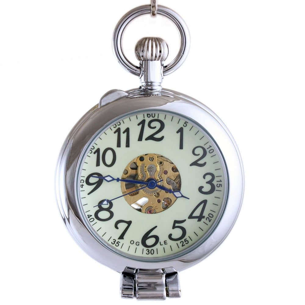 Waterproof Silver Magnifier Luminous Chain Fob Self Winding Automatic Skeleton Half Hunters Mechanical Pocket Watch