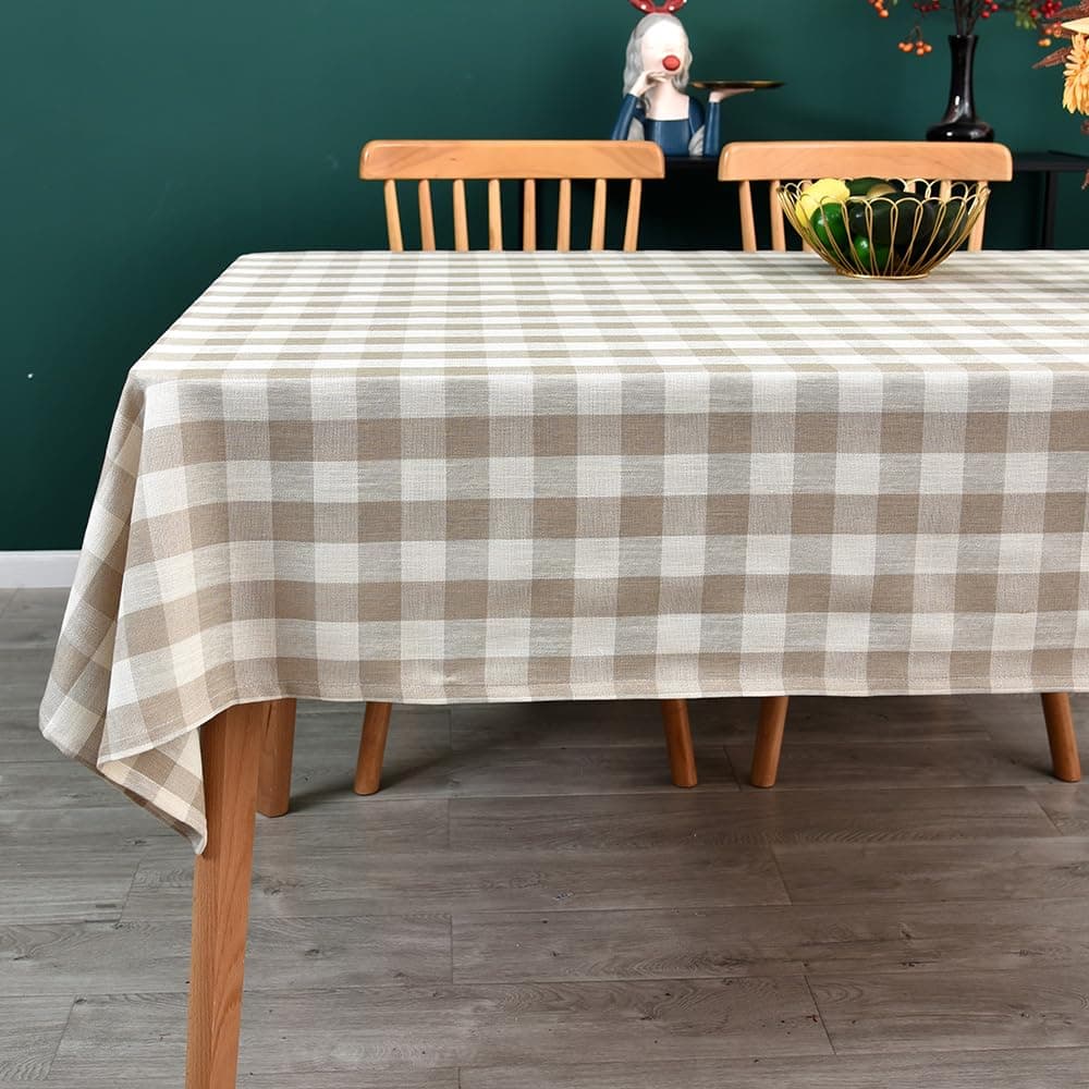 Gingham Tablecloth, Heavy Duty Cotton Blend Table Cloth for Rectangle Tables Checkered Tablecloth for Kitchen Dinning Tabletop Decoration (Beige, 135 x 300 cm)