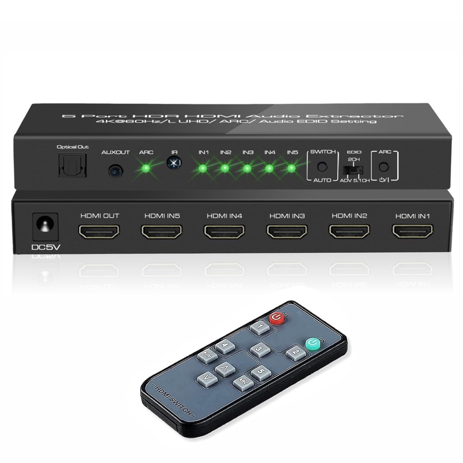 5 in 1 Out 4K@60Hz HDMI Switch Audio Extractor with Optical & 3.5mm Out, HDMI 2.0 Audio Splitter Support HDR 10, HDCP 2.2, 18Gbps, Dolby Vision Atmos, ARC, not eARC