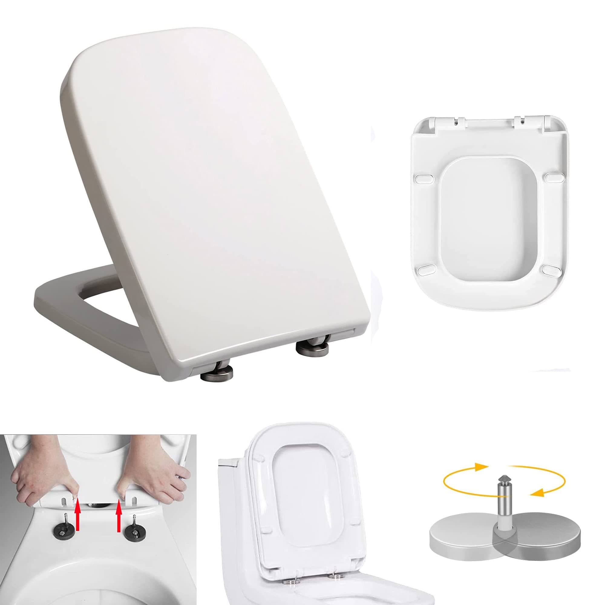 Soft Close Square Toilet Seat with Quick Release, Simple Top Fixing, Anti-Bacterial Toilet Seats White with 360° Adjustable Stainless Hinges, Heavy Duty Square Shape Toilet Lid Loo Seat WC