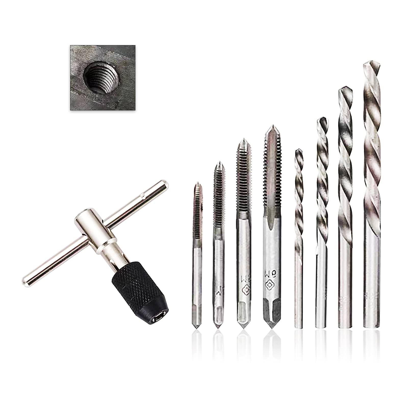 Metric Tap Drill Bit Set, M3/4/5/6 Hand Screw Thread Tap Drill Bit Set+ Adjustable T-Handle Tap Wrench+ 4PCS HSS Drill Bit Set, MTS-9