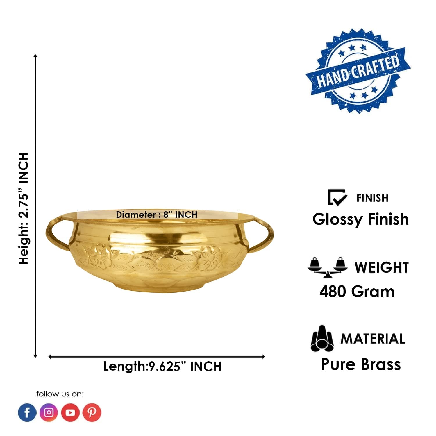 Craftsman SATVIK Decorative 8 Inch Brass Urli Embossed For Floating Candles and Flowers Designer Bowl For Living Room Decoration
