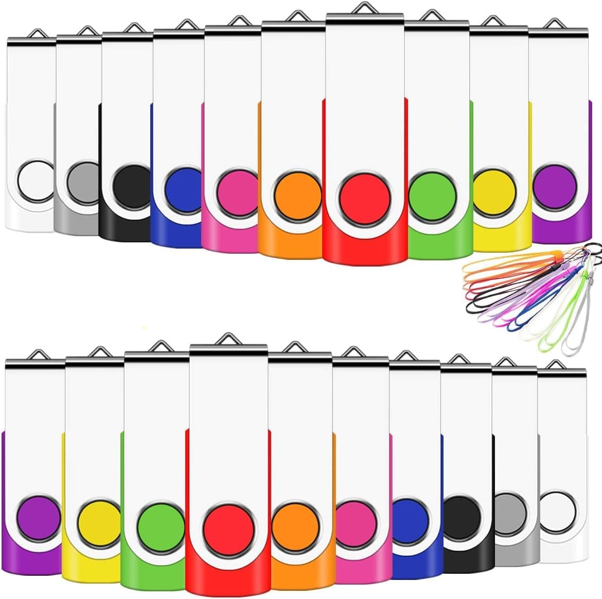 Bulk 1GB USB Memory Stick 20 Pack Flash Pen Drive Swivel Design (Mixed Color With Lanyard)