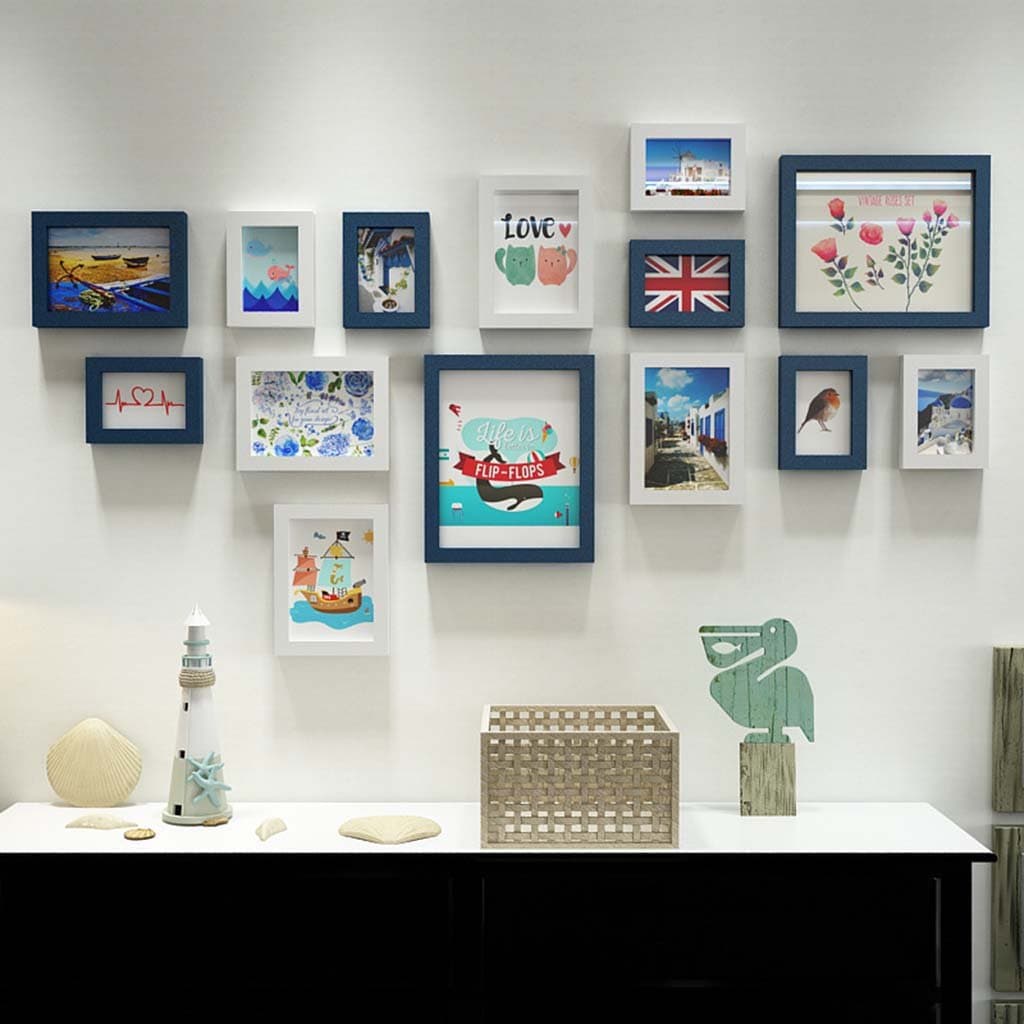 14 Multi Photo Frames Set Pine Wood Blue and White Modern Wall Photo Picture Wall Frame for Children/with pictures/Sea theme @The harvest season (Color : Blue+white)