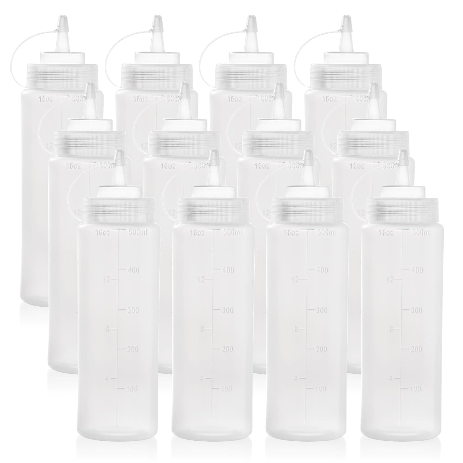 Bekith 12 pack 16 Oz Wide Mouth Plastic Squeeze Condiment Bottles with Twist On Cap Lids and Discrete Measurements, Empty Squirt Bottle For Sauce, Ketchup, Paint