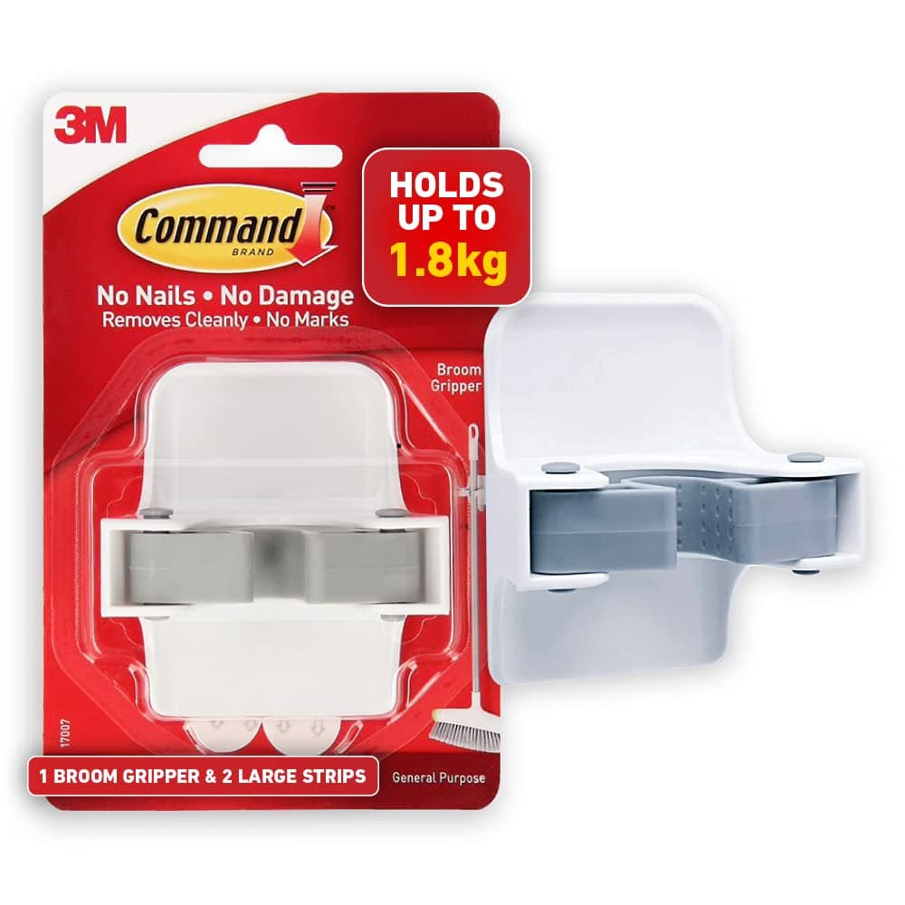 Command Broom Gripper,1 Hook and 2 Strips,Self Adhesive,Damage Free Walls, Holds 1.8kg,White