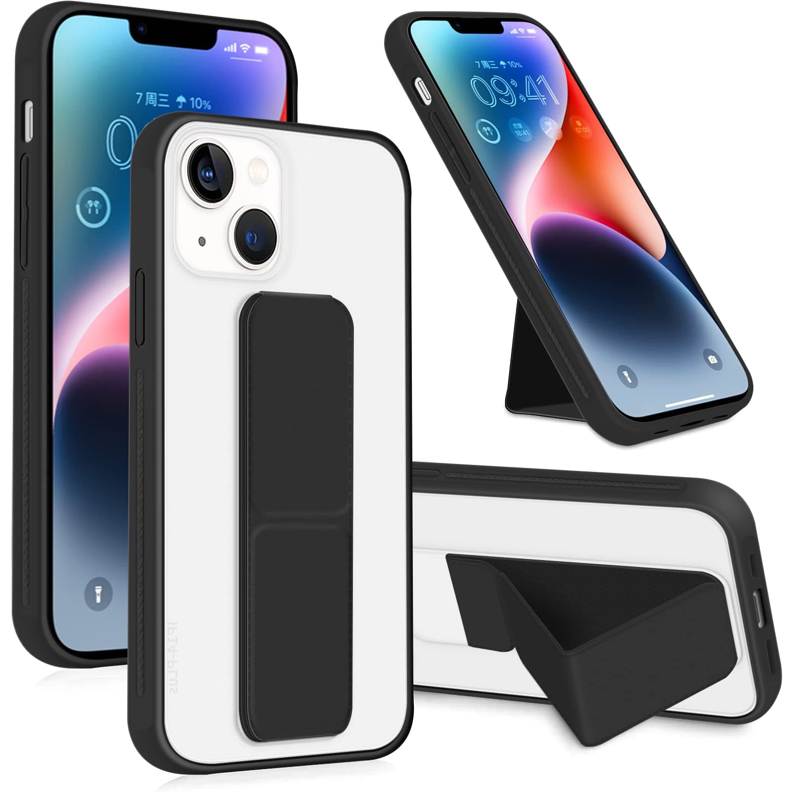 INFOSUN for iPhone 14 Plus Case Stand Cover Matte Cases with Frosted Back Hand Grip Kickstand Cover Holder Shockproof Translucent Design for iPhone 14 Plus (6.7 Inch) (2022) (Black)