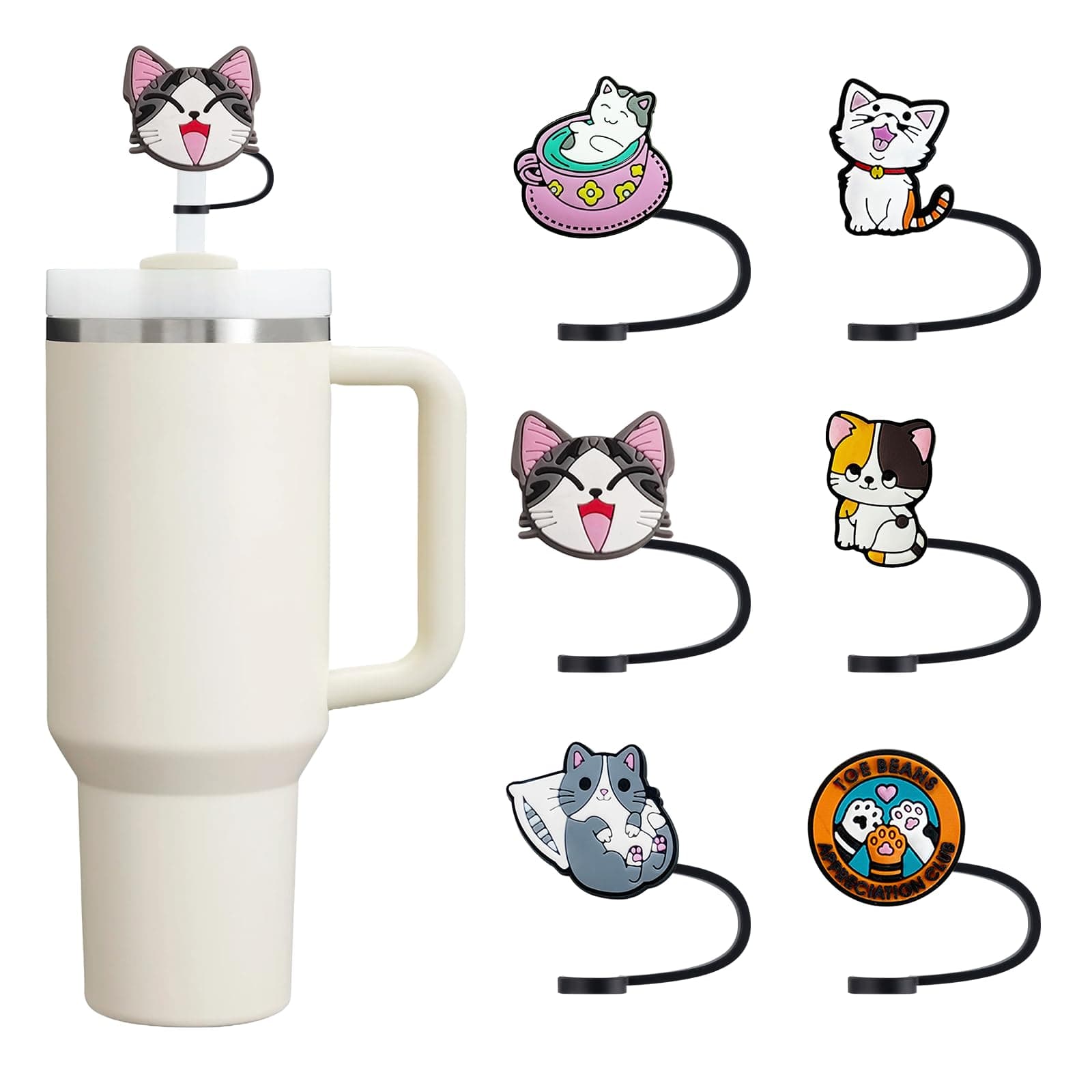 6Pcs 10mm/0.4in Diameter Silicone Straw Covers Cap Compatible with Stanley 30&40 Oz Cup, Cute Straw Toppers for Stanley 40 Oz Tumbler with Handle, Dust-Proof Straw Caps for Water Bottle, Cat
