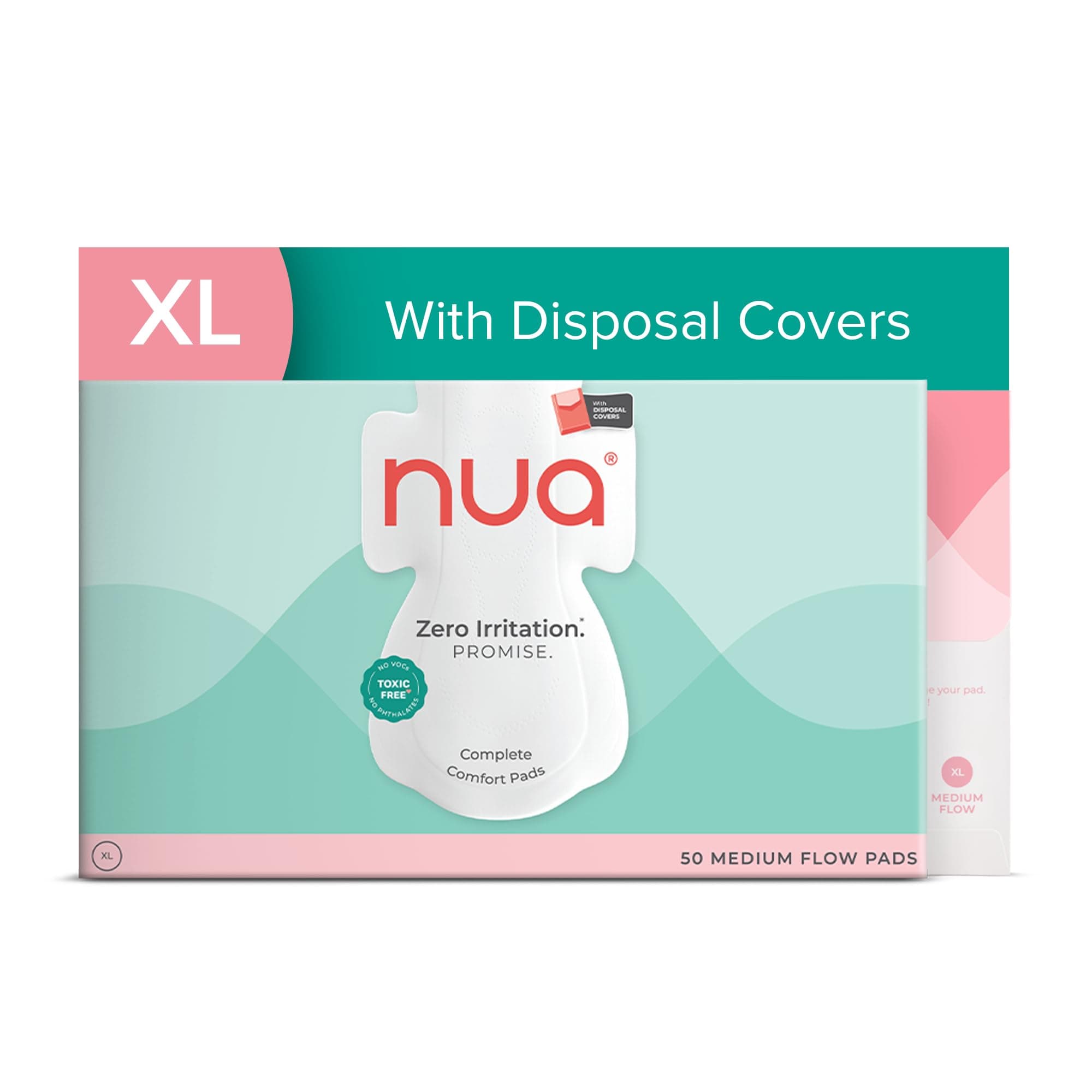 Nua Complete Comfort Sanitary Pads - Designed for Sensitive Skin | Pack of 50 pads for Medium flow, with Disposal covers | Zero Irritation | Comfortable All-Day Protection | Ultra-Thin | Super Absorbent | No rashes | 50% Wider Back | 100% Toxic-Free, Dermatologically Tested