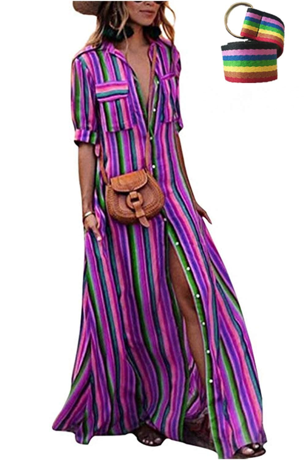LAMISSCHE Womens Rainbow Button Down Roll up Sleeve Stripes Maxi Dress with Pockets(Purple,3XL)