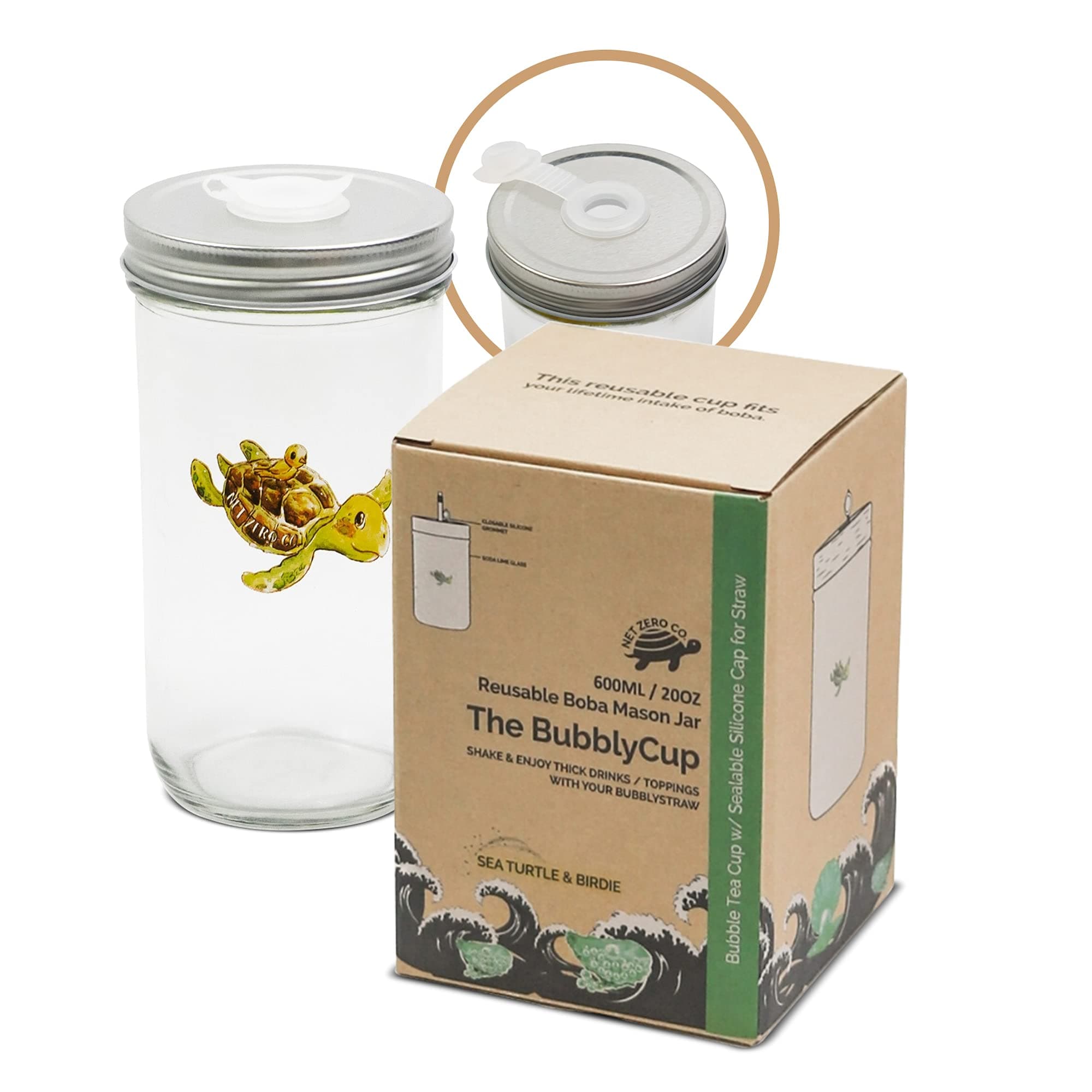 Net Zero Co. BubblyCup, Reusable Boba Cup, Bubble Tea Mason Jar with Stainless Steel Lid and Closable Silicone Grommet, 600ml, Turtle with Birdie