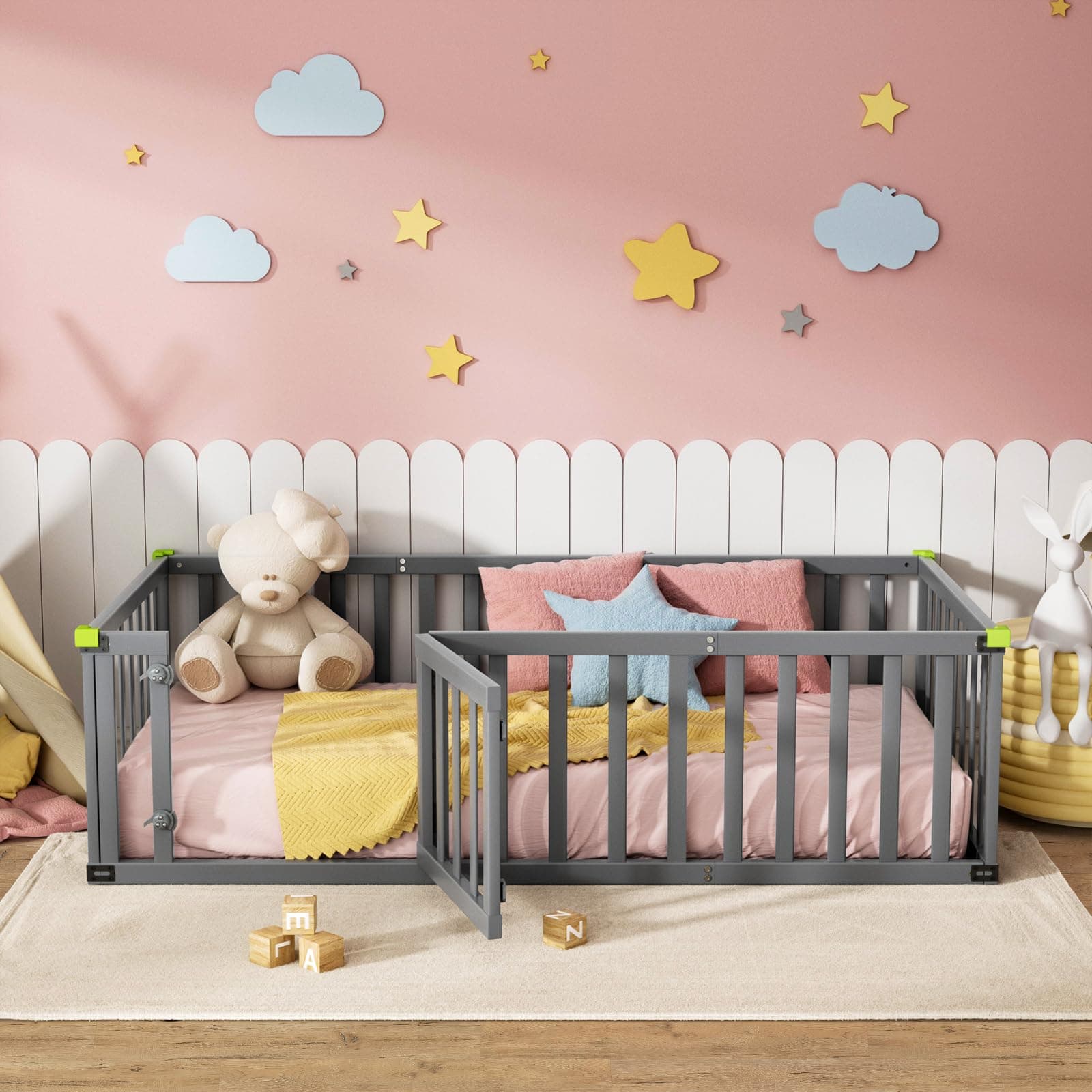 ROOMTEC Twin Size Montessori Floor Bed for Kids, Solid Wood Toddler Bed Frame w/Convertible Door and Safety Fence, Floor-Bed-Frame for Children Bedroom, Toddlers, Boys Girls, Kids Playroom, Grey