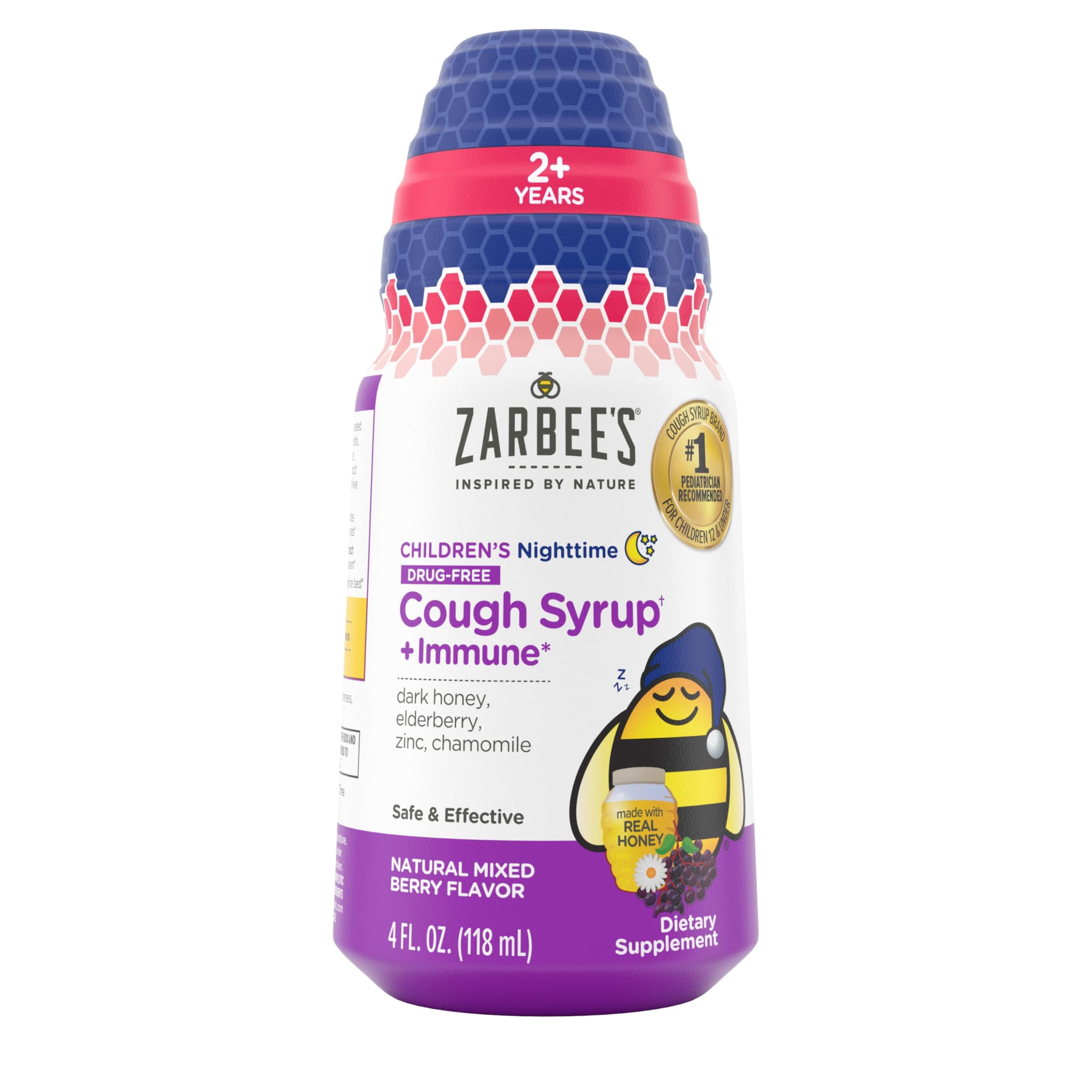 Zarbee's Children's Nighttime Honey Cough Syrup + Immune for Kids 2+, Cough Syrup with Soothing Dark Honey, Real Elderberry, Vitamin D & Zinc, & Chamomile, Drug-Free, Mixed Berry, 4 fl. oz
