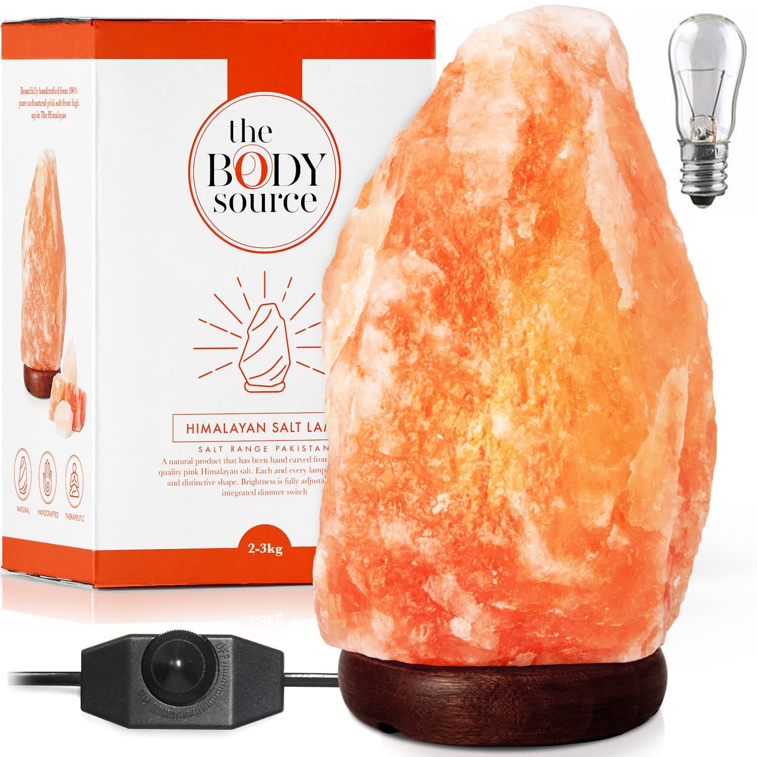 The Body Source Himalayan Salt Lamp (2-3kg) with Dimmer Switch - All Natural and Handcrafted with Wooden Base…