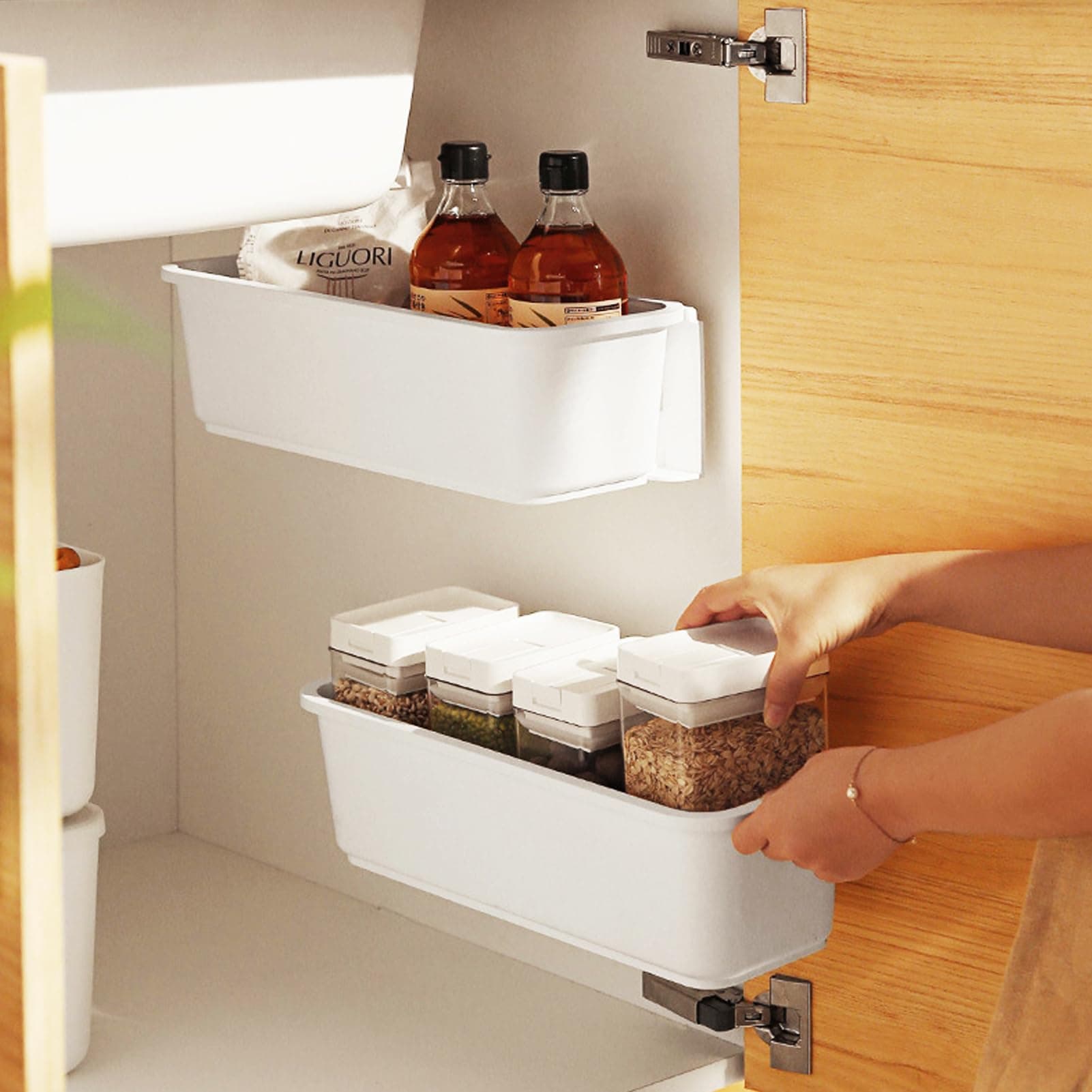 VAODO Under Sink Organizer 2 PCS, Pull Out Cabinet Organizer, Wall-Mounted Storage Drawer Shelf Rack, for Kitchen Bathroom Undersink Cabinet, (Hole-free, White)