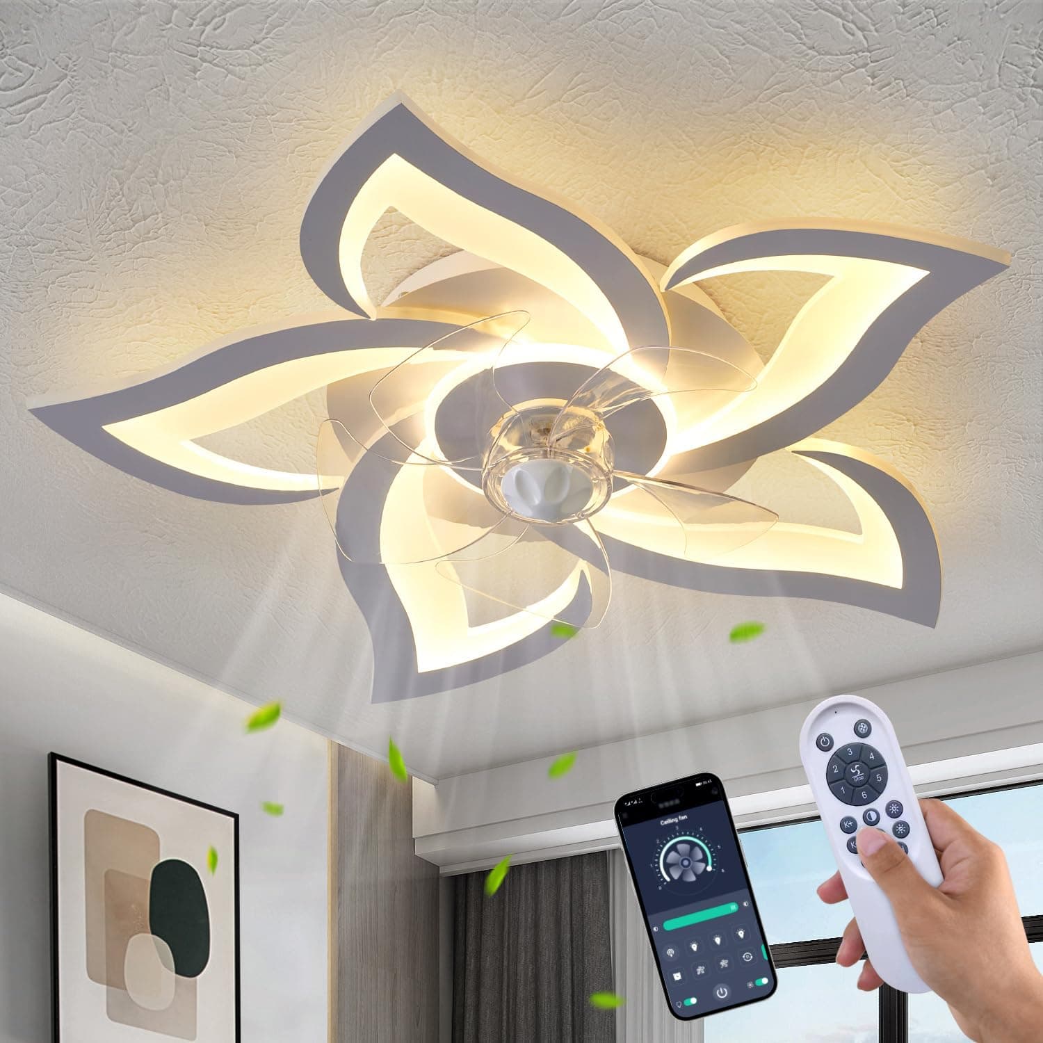 Dalouguan Flush Mount Ceiling Fan with Lights, 24" White ,Remote Control, 6 S...